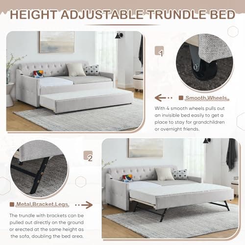 Modern Beige Antetek Daybed with Pop-Up Trundle & USB Ports - Twin to King Sofa Bed Frame for Bedroom & Living Room