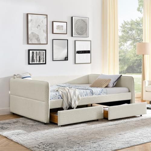 Queen Size Daybed with Storage Drawer, Upholstered in Boucle Fabric, Wood Slats Support, Beige
