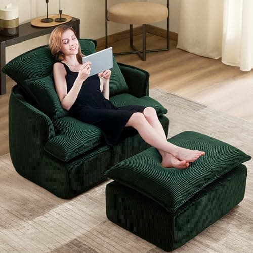48" Beige Corduroy Chaise Lounge with Ottoman & Armrest for Small Spaces
