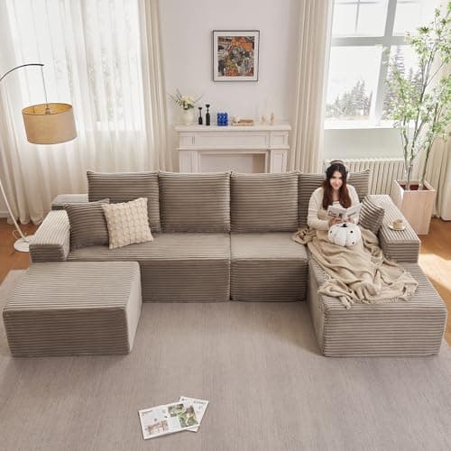 107" Grey Left-Facing Modular U-Shaped Couch with Chaise, No Assembly Required