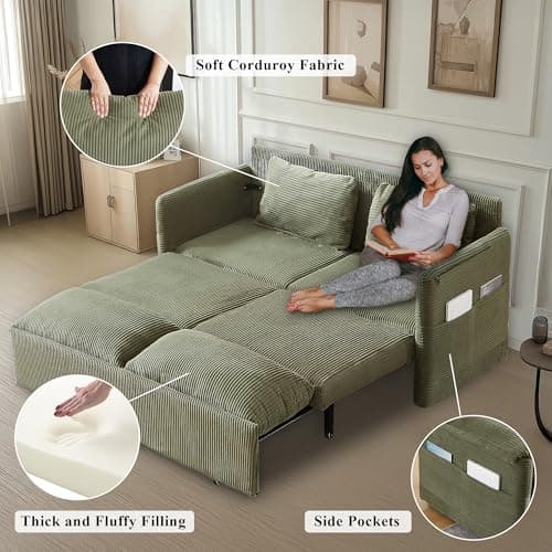 3-in-1 Corduroy Green Queen Sleeper Sofa Bed with Side Pockets