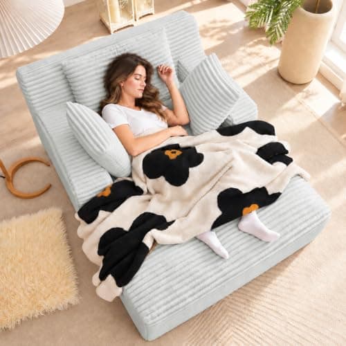 49" Chaise Lounge Indoor, Oversized Chaise Lounge Chair with 3 Comfy Pillows for Living Room Bedroom, Wide Arms Corduroy Fabric High-Density Foam No Assembly Required (White)
