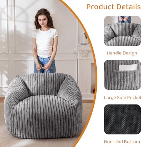BYBYME Giant Comfy Bean Bag Chair for Adults and Kids, Grey