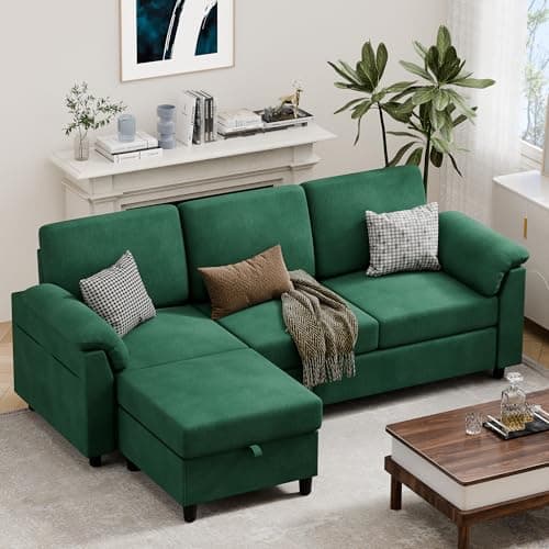 Vongrasig 79" L-Shaped Sectional with Storage Ottoman, Black Linen Fabric