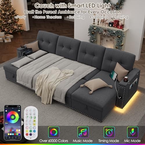 HIFIT 112" U-Shaped Sectional Couch with LED Lights & USB, Grey