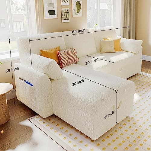 Offwhite Sherpa L-Shaped Pull Out Sofa Bed with Storage