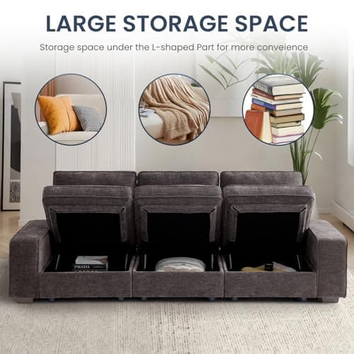 TEKAMON 100" Modular Storage Sofa, Dark Grey Chenille Couch with USBcharging