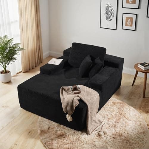 Beige Plush 48" Oversized Chaise Lounge Chair Bed with Throw Pillows