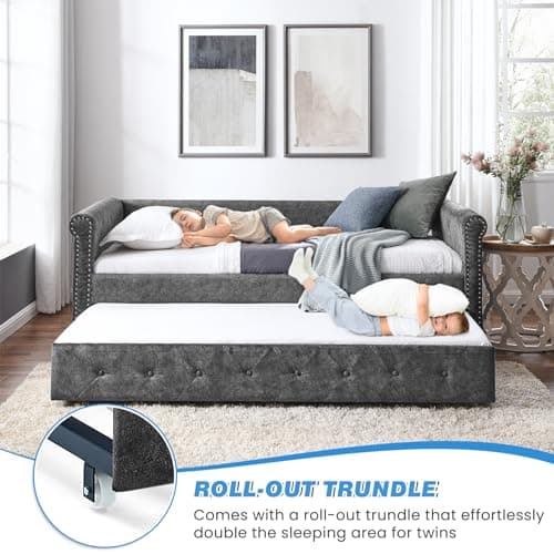 Antetek Grey Fabric Button-Tufted Twin Daybed with Trundle Sofa