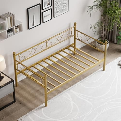 Modern Gold Metal Day Bed with Floral Headboard, Heavy Duty Steel Slats Supports