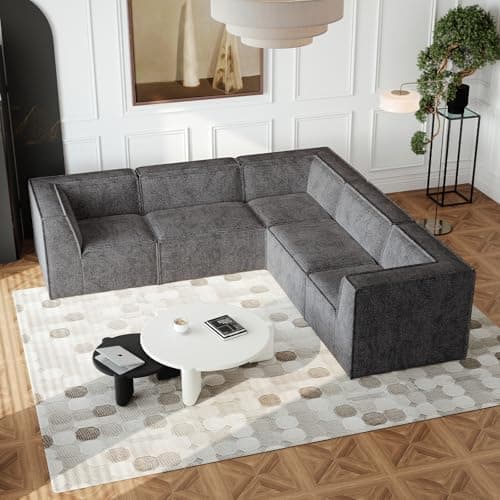 Antetek Oversized Sectional Couch, L-Shaped Modern Comfy Chenille Fabric Floor Foam Compression Modular Sectional Sofa, Couch and Loveseat Sets for Living Room Office, 5 Seater, Black