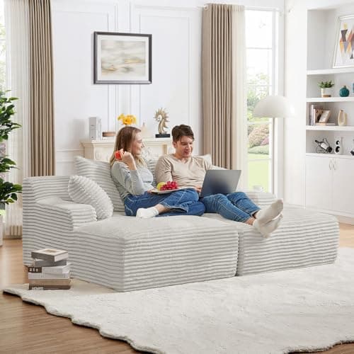 Oversized Chaise Lounge Chair, 50"W Corduroy Couch, Comfy Pillows, Modern Livingroom/Bedroom, White