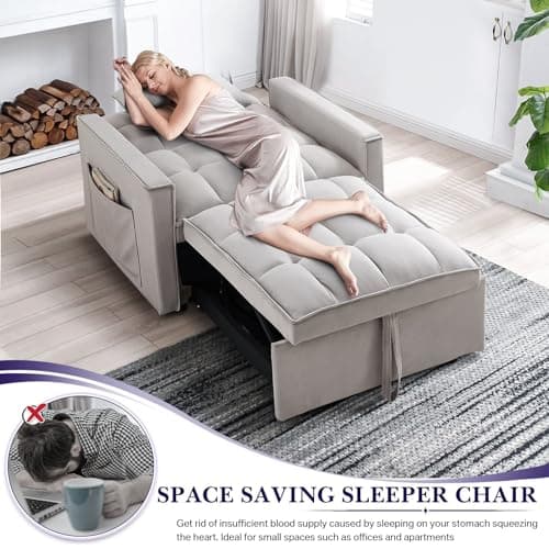 Grey Convertible Velvet Sleeper Sofa Chair Bed with Adjustable Backrest