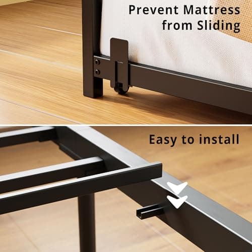LIKIMIO Sturdy Metal Twin Bed Frame with Upholstered Headboard & Charging Station, Black