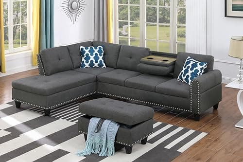 Faux Leather Sectional Sofa with Storage Ottoman for Living Room or Office