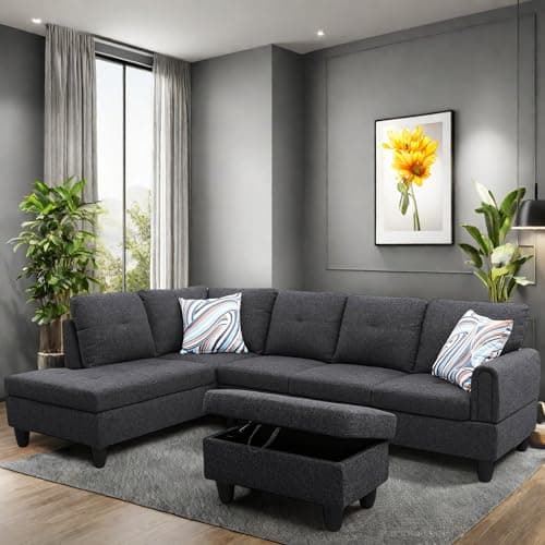 L-Shaped Couch with Chaise, 6 Seat Modern Living Room Sectional in Black/Grey with Storage