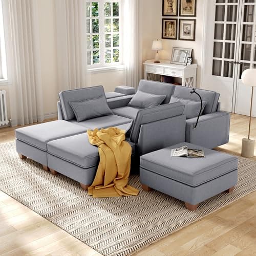 123" U-Shaped Modular Sofa with Storage, 4 Seats, Convertible Bed & Phone Holder"