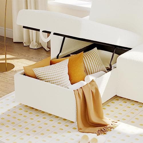 Offwhite Sherpa L-Shaped Pull Out Sofa Bed with Storage