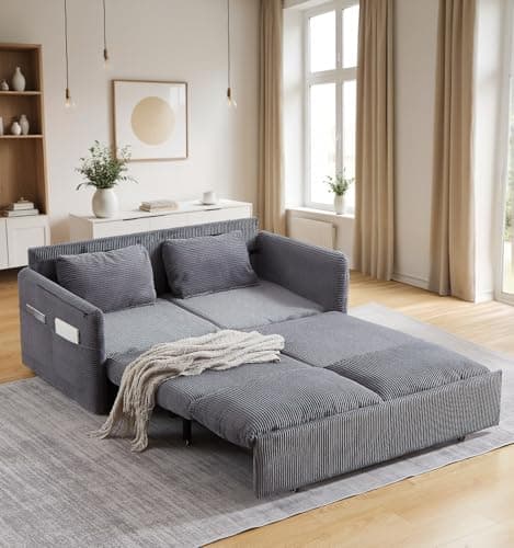Antetek 3-in-1 Convertible Futon Sofa Bed, Grey Corduroy Queen Size