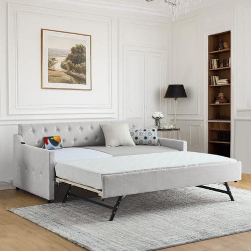 Dark Grey Linen Tufted Extendable Day Bed with Trundle & USB Ports