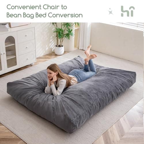 Giant HIGOGOGO Bean Bag Chair Bed, Convertible Folds to Mattress, High-Density Foam