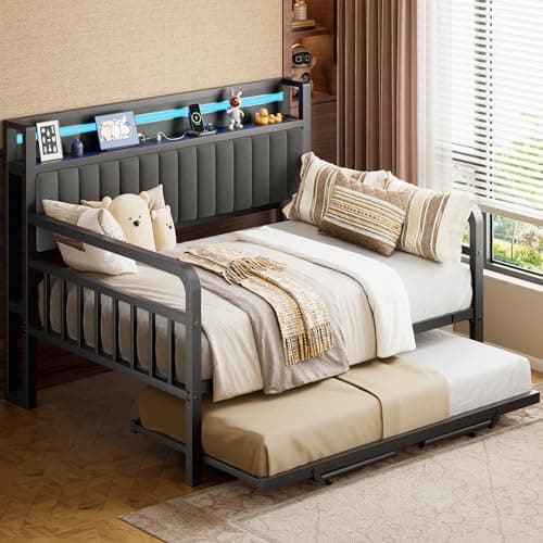 Daybed with Trundle and LED Light, Heavy Duty Metal Twin Bed Frame with Upholstered Storage Headboard & Charging Station, Day Bed Pop Up Trundle Bed Twin for Living Room,Bedroom and Guest Room (Black)