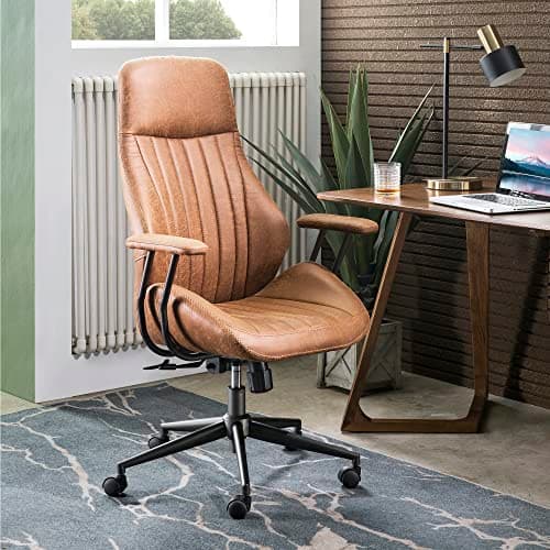 Ovios Mid-Century Modern Brown Suede Executive Chair with Thick Cushions and High Back
