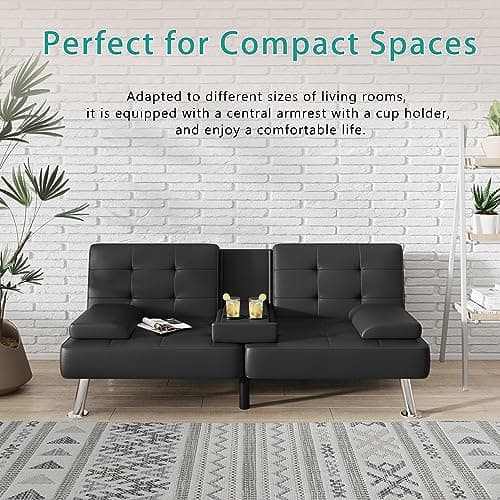 Flamaker Black PU Leather Modern Folding Futon Sofa Bed with Cup Holders