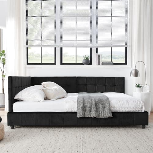 Antetek Black Full Size Daybed, Tufted Velvet Sofa Bed Frame