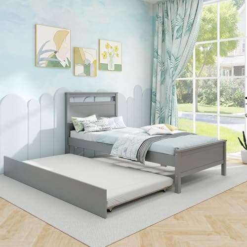 Giantex Wood Day Bed Twin with Headboard & Slats Support, Grey