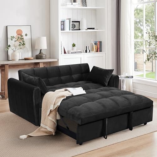 Ball & Cast 65" 3-in-1 Velvet Sleeper Sofa Bed with Adjustable Backrest & 2 Pillows, Black