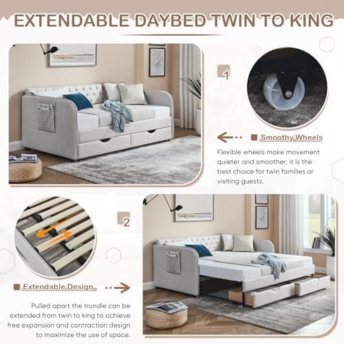 Modern 80.5 Daybed with Trundle Bed and Storage Drawer, Beige