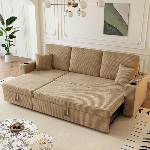 Reversible Storage Chaise Sleeper Sofa, 83.5" L-Shaped with Cup Holders & USB, Grey Corduroy
