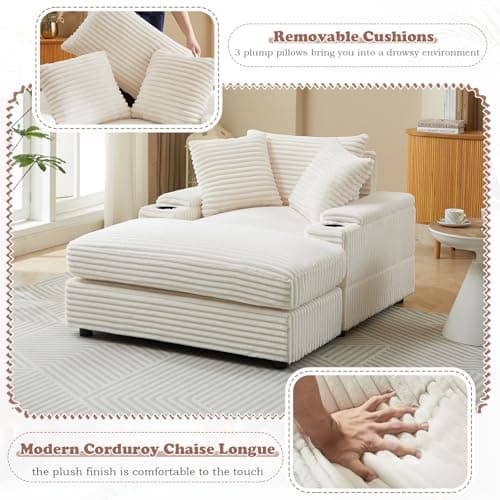Modern Oversized Chaise Lounge Chair with Cup Holders for Living Room or Bedroom