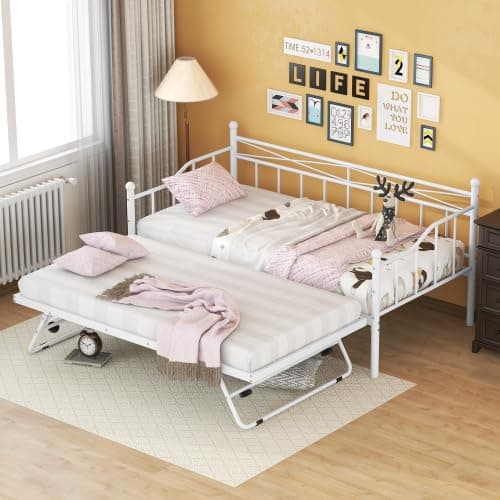 Modern Metal Twin Day Bed with Pop Up Trundle, Steel Slat Support (Black)