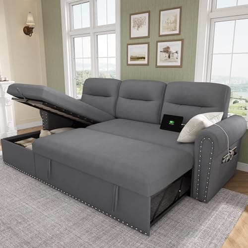 Dark Grey Velvet Reversible Sleeper Sofa Bed with Storage Chaise & Nailhead Armrest
