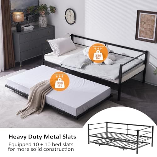 Metal Daybed with Trundle for Twin Size Mattress, No Box Spring Required - Black