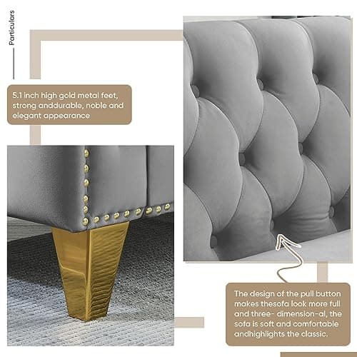 Modern 3-Seater Upholstered Couch for Living Room with Golden Metal Legs