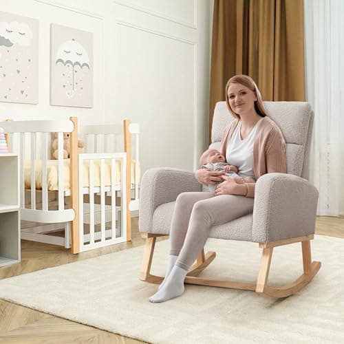 Sherpa Nursing Rocking Chair, Upholstered Glider with Side Pocket, Light Grey