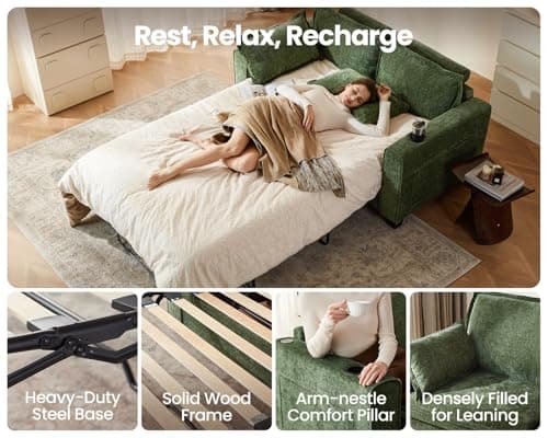 CHIC HOUSE 2-in-1 Pull-Out Sofa Bed, Chenille Memory Foam Couch