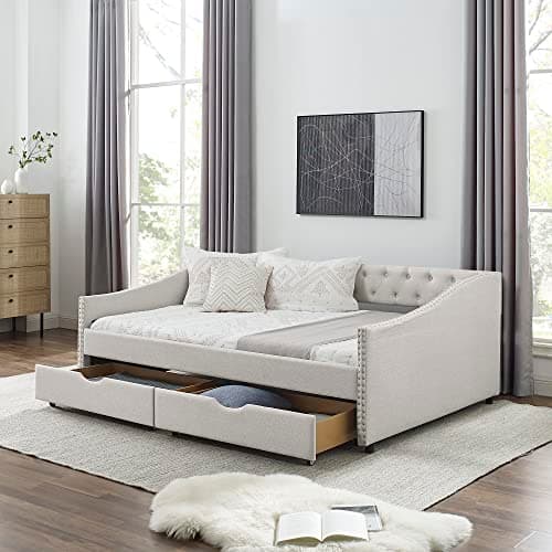 Twin Size Daybed with Trundle, Upholstered Sofa Bed Frame, Grey Linen
