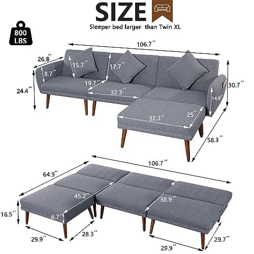 Noble Mood Sleeper Sectional Sofa with Reclining Backrest and Ottoman
