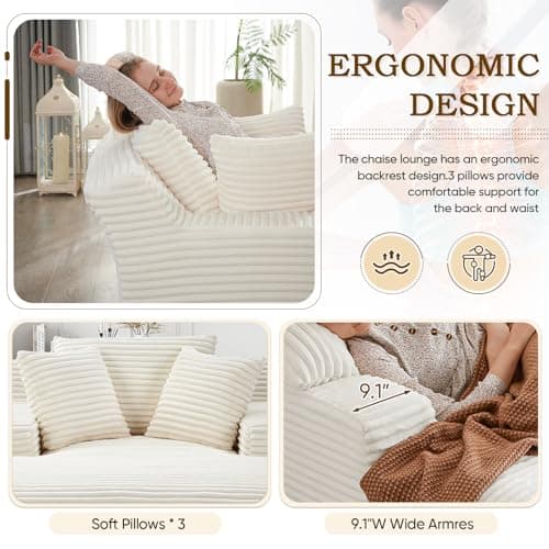 Oversized Chaise Lounge Chair, 50"W Corduroy Couch, Comfy Pillows, Modern Livingroom/Bedroom, White