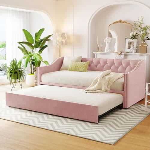 Extendable Velvet Upholstered Daybed with Pop-Up Trundle, Pink Bed Frame (Twin to King)