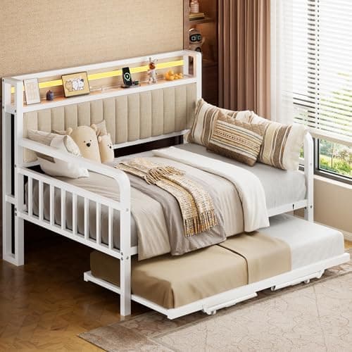 Daybed with Trundle and LED Light, Heavy Duty Metal Twin Bed Frame with Upholstered Storage Headboard & Charging Station, Day Bed Pop Up Trundle Bed Twin for Living Room,Bedroom and Guest Room (Black)