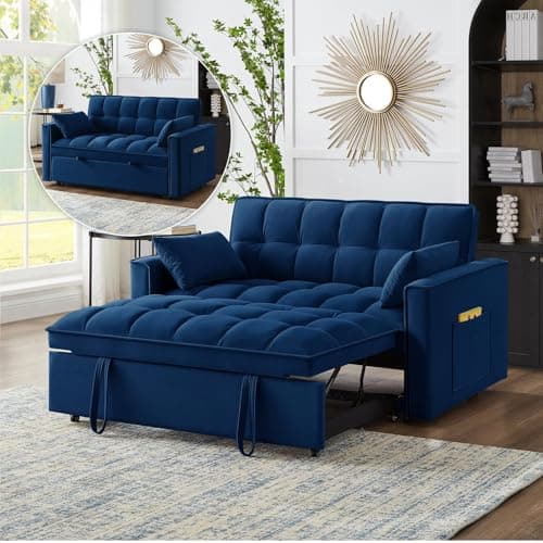Gray Velvet 3-in-1 Convertible Sleeper Sofa Bed with Armrests, Storage Pockets & 2 Pillows for Living Room, Apartment, Bedroom, or Office