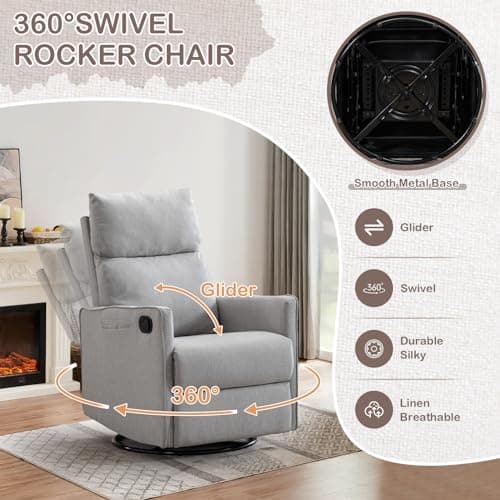 Glider Rocker Recliner Chair, 360° Swivel Linen Recliner for Adults & Nursery