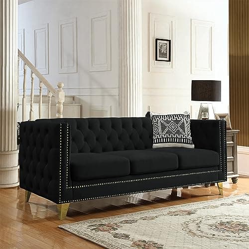 80" Modern Button Tufted Velvet Couch with Gold Nail Heads and Metal Legs for Living Room