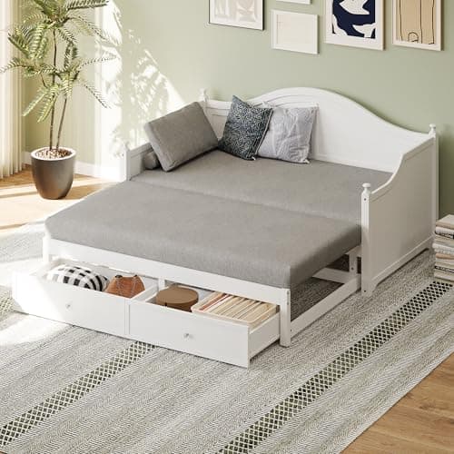 Merax Twin Size Extendable Wood Daybed with Storage, White