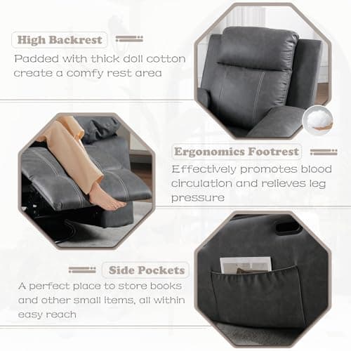 Rocking Recliner with Massage Heat, Faux Leather Nursery Chair - Grey